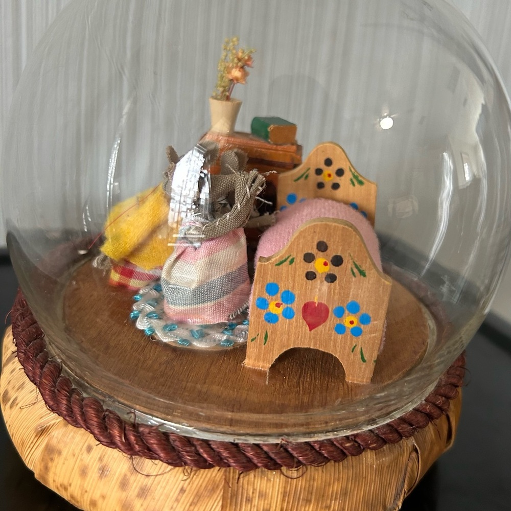 Vintage felt mice in glass dome
